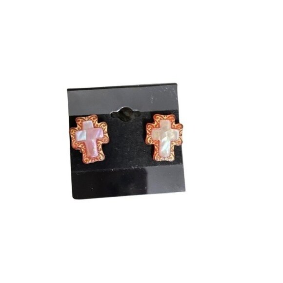 Cross-Shaped Abalone Inlay Stud Earrings With Gold Tone Accents L1 x W 0.5 Inch - Picture 3 of 4